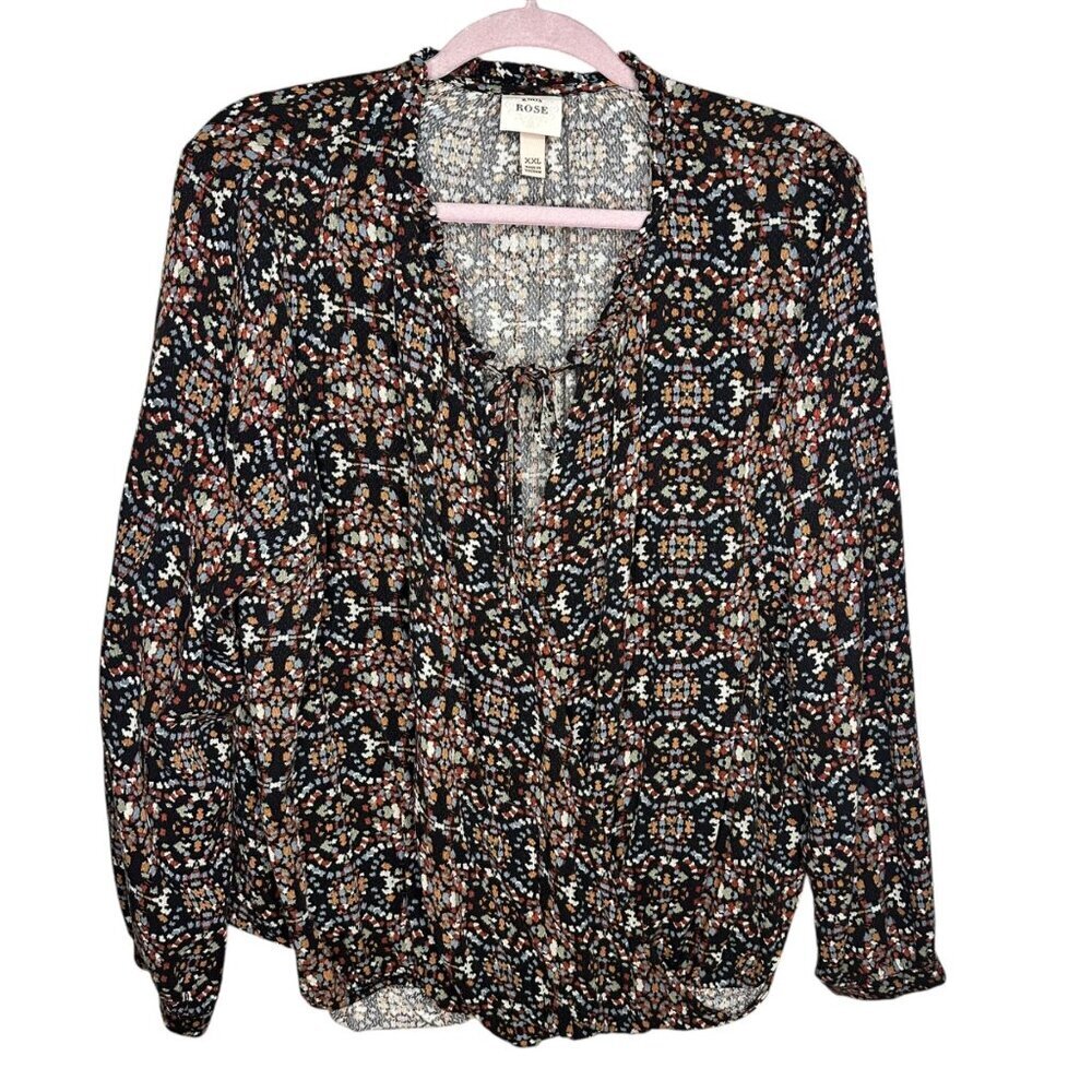 Knox Rose Blouse Long Sleeve Black Multi-Color Print Boho‎ Faux Wrap Womens 2X